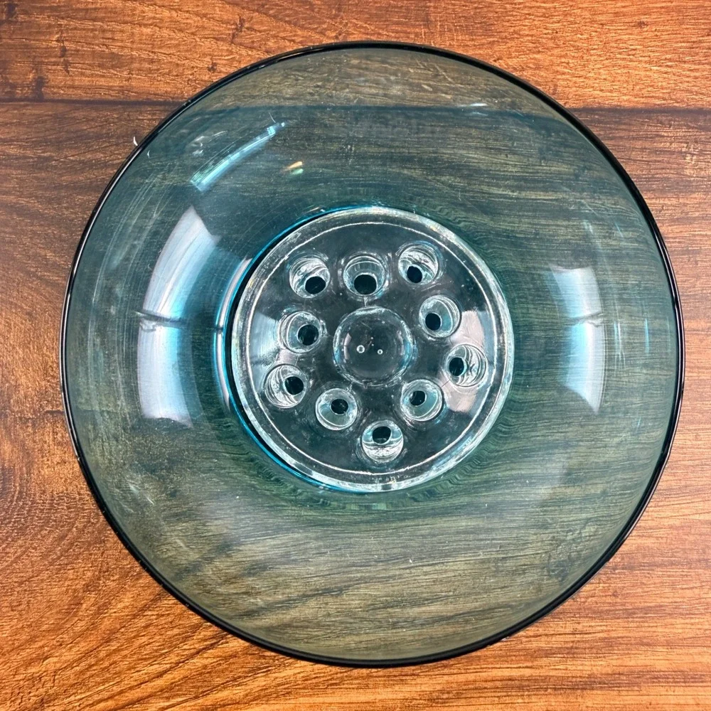 Morgantown Glass Sharon 9922 Flowerlite Peacock Blue Bowl Flower Frog MCM